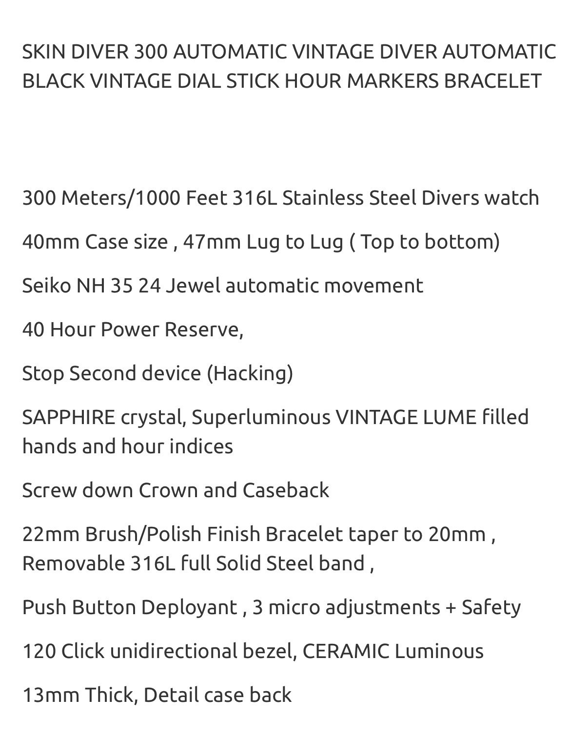 Deep Blue SKIN DIVER 300 40MM AUTO VINTAGE DIVE WATCH-STICK HOUR MARKERS‼️NEW‼️