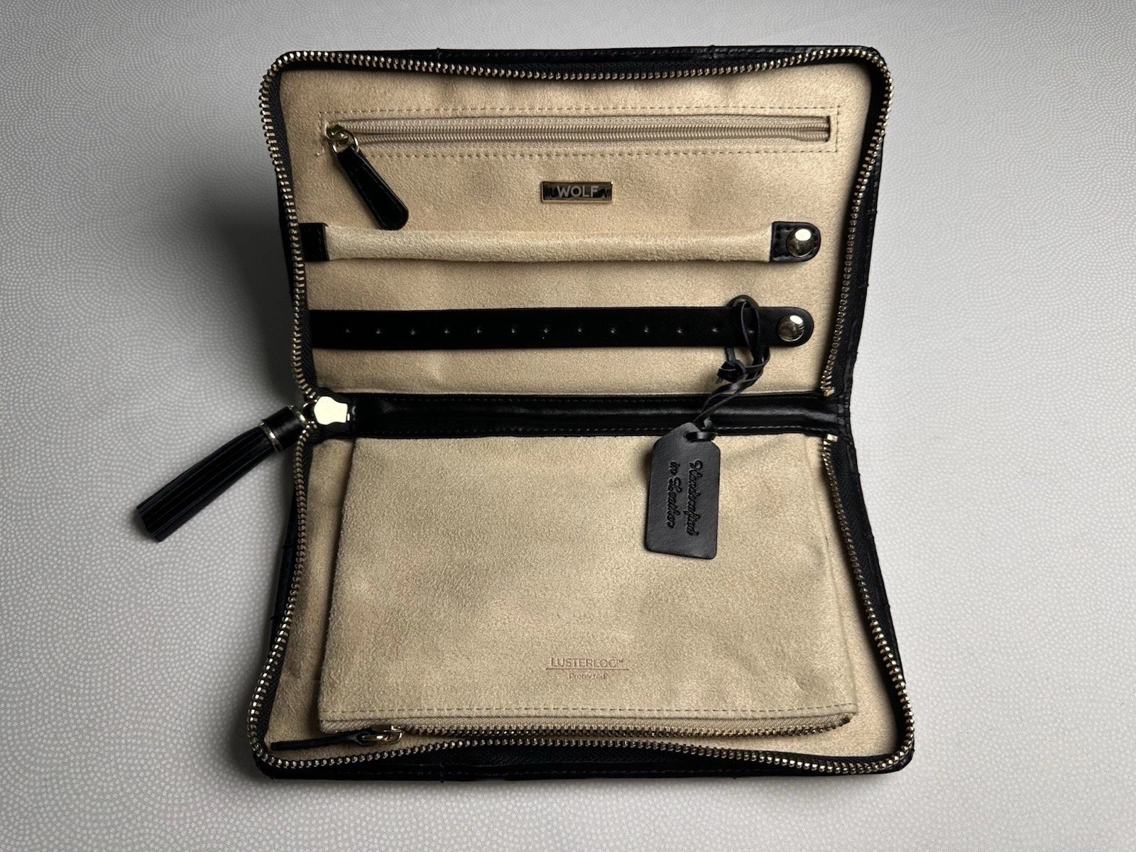 WOLF Black Quilted Leather Travel Jewelry Case Zip Around Organizer Clutch NWT