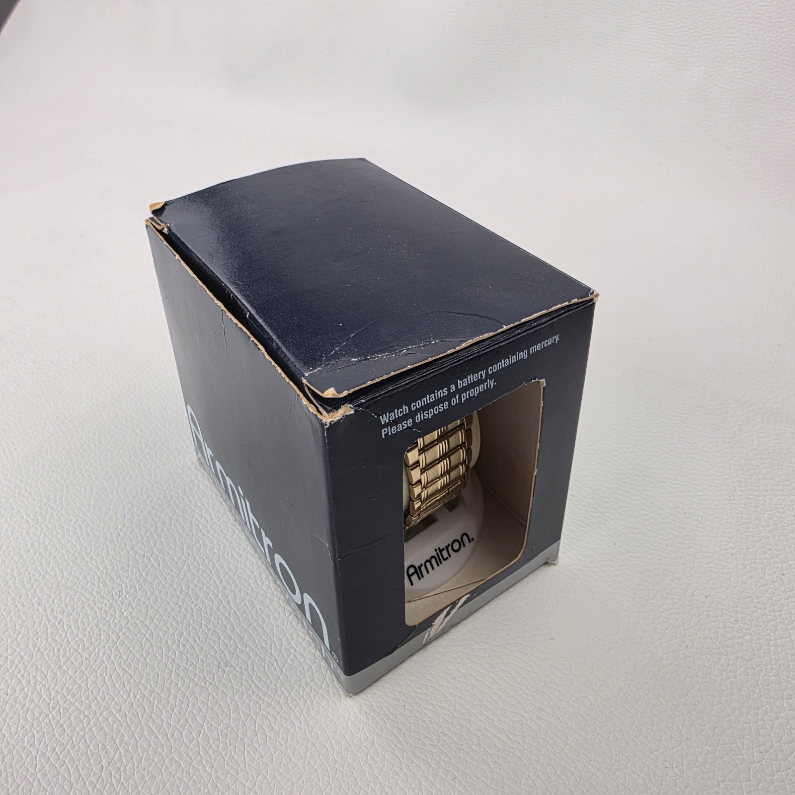 Armitron 20 / 1576 Gold Tone Rectangle Quartz Watch Black Dial Stretch Band NOS