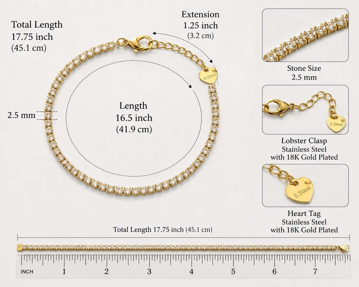 14K Gold Plated Tennis Bracelet AAA Cubic Zirconia CZ Single Row Sparkle Gift