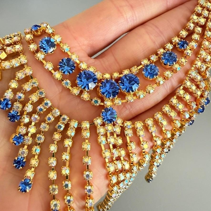 Vintage Blue White AB Rhinestone Bib Necklace 16″ Gold Tone Statement Cocktail