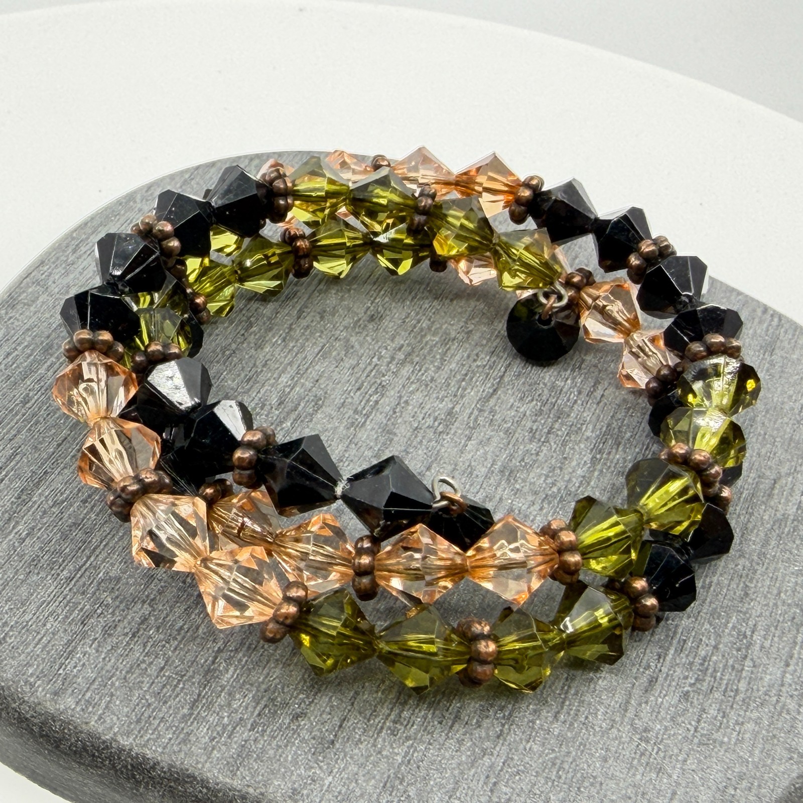 Statement Olive Black Crystal Coil Bracelet Boho Multi Strand Layering Gift Idea