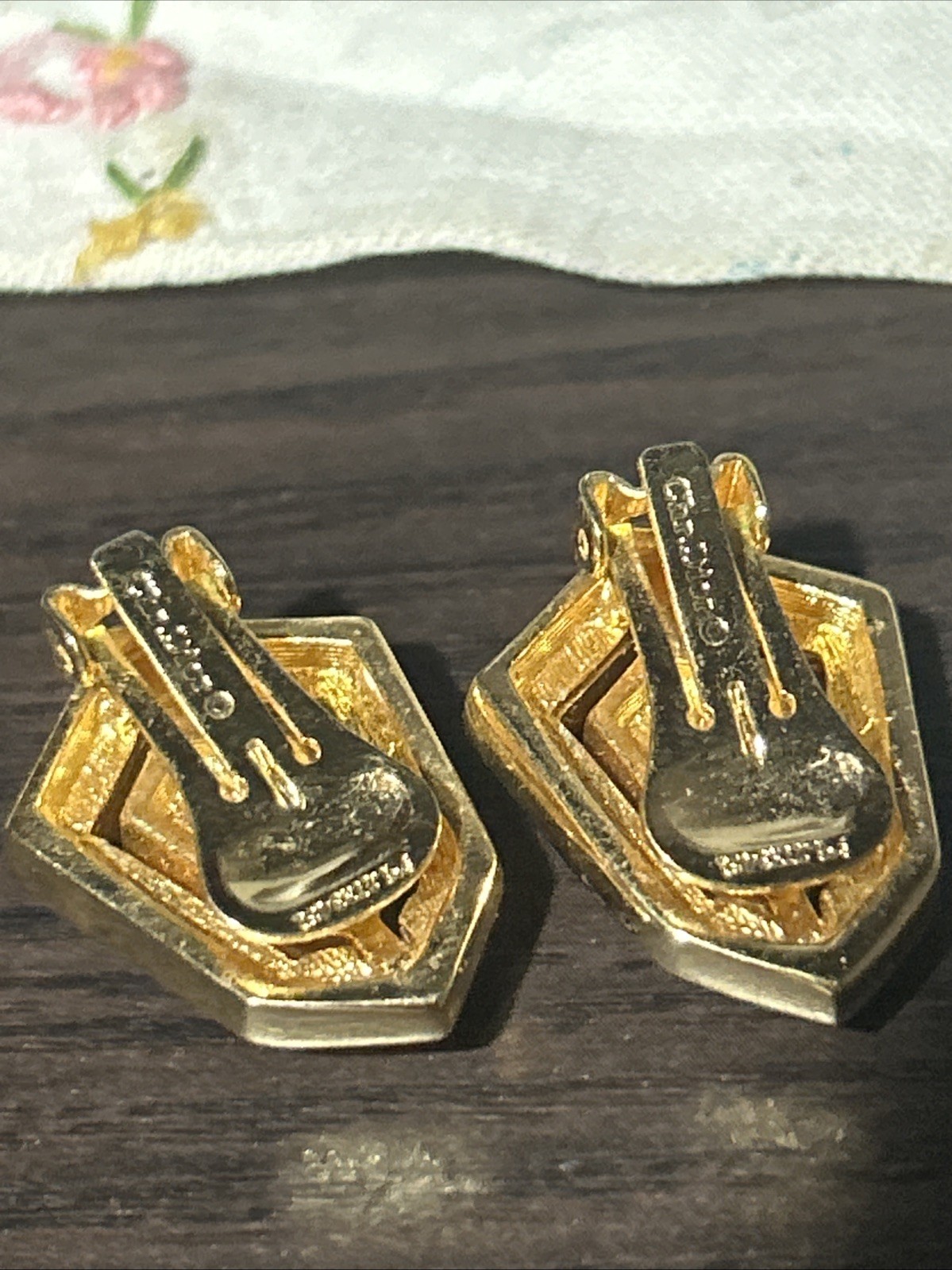 Vintage Signed Christian Dior Black Cream Enamel Open Work Clip Earrings Patent