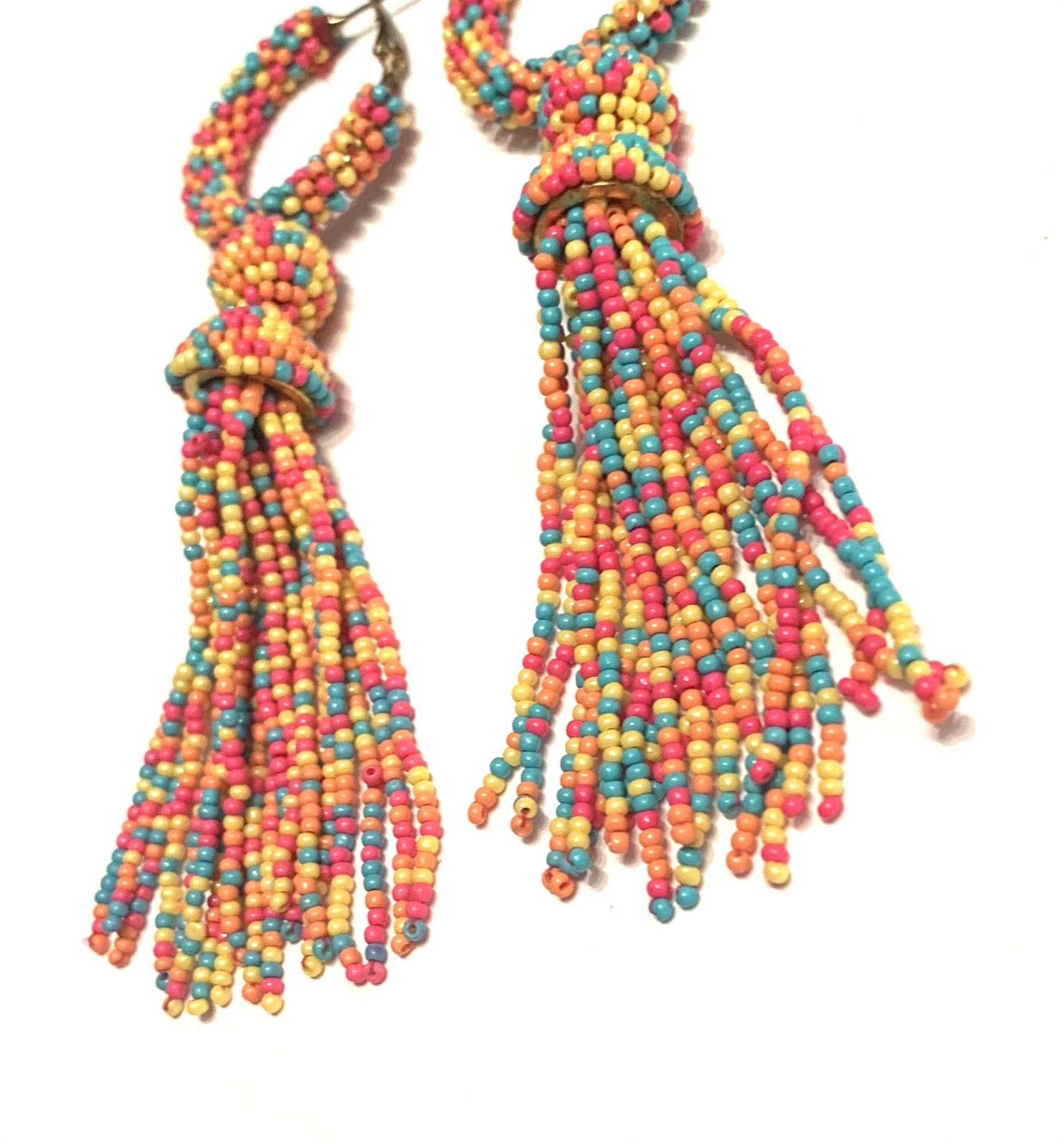 BOHO Seed Bead Earrings Fringe Tassel Bohemian Dangle Rainbow C Loop