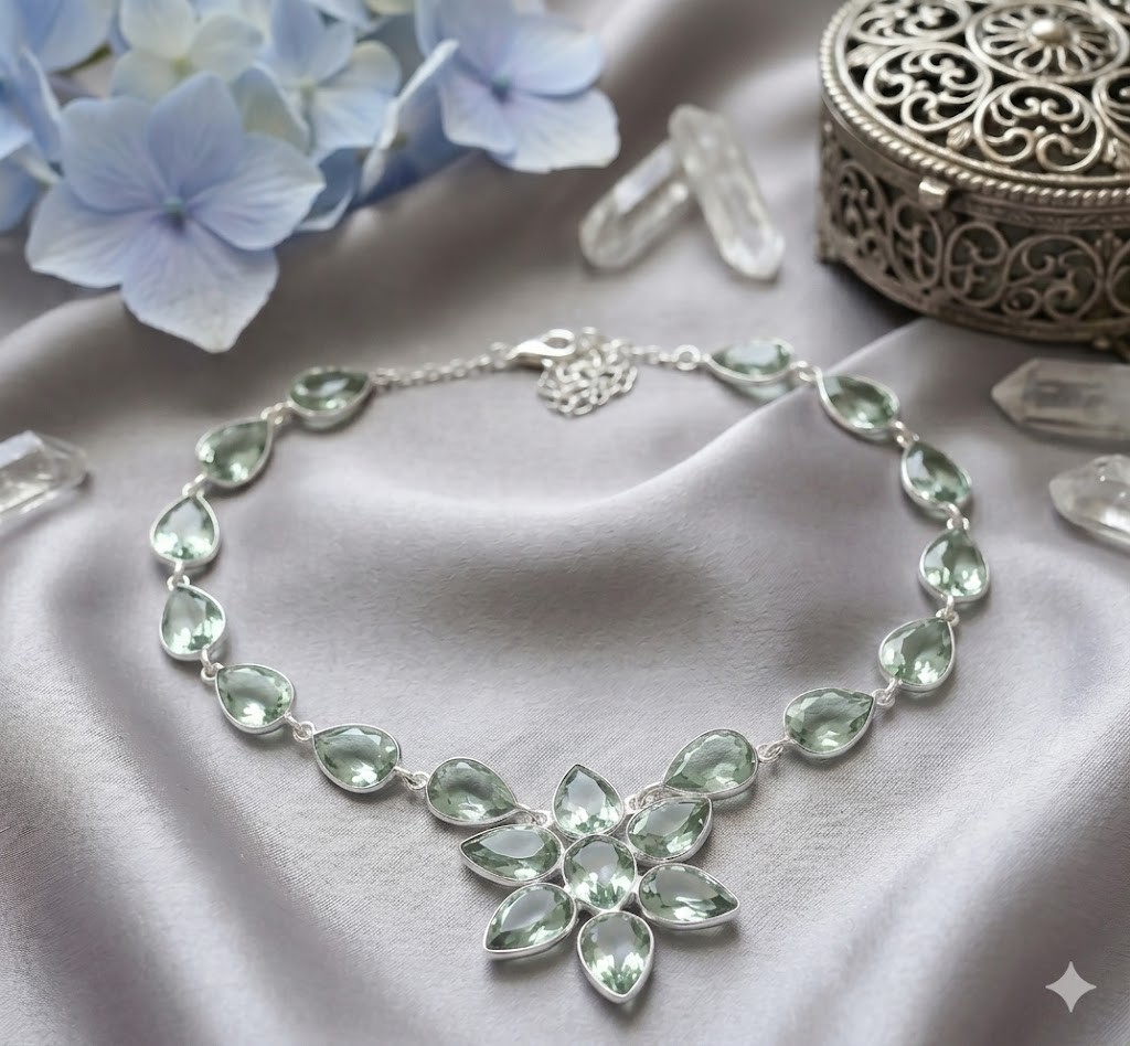 925 Sterling Silver Green Amethyst Gemstone Handmade Jewelry Necklace Size-18″