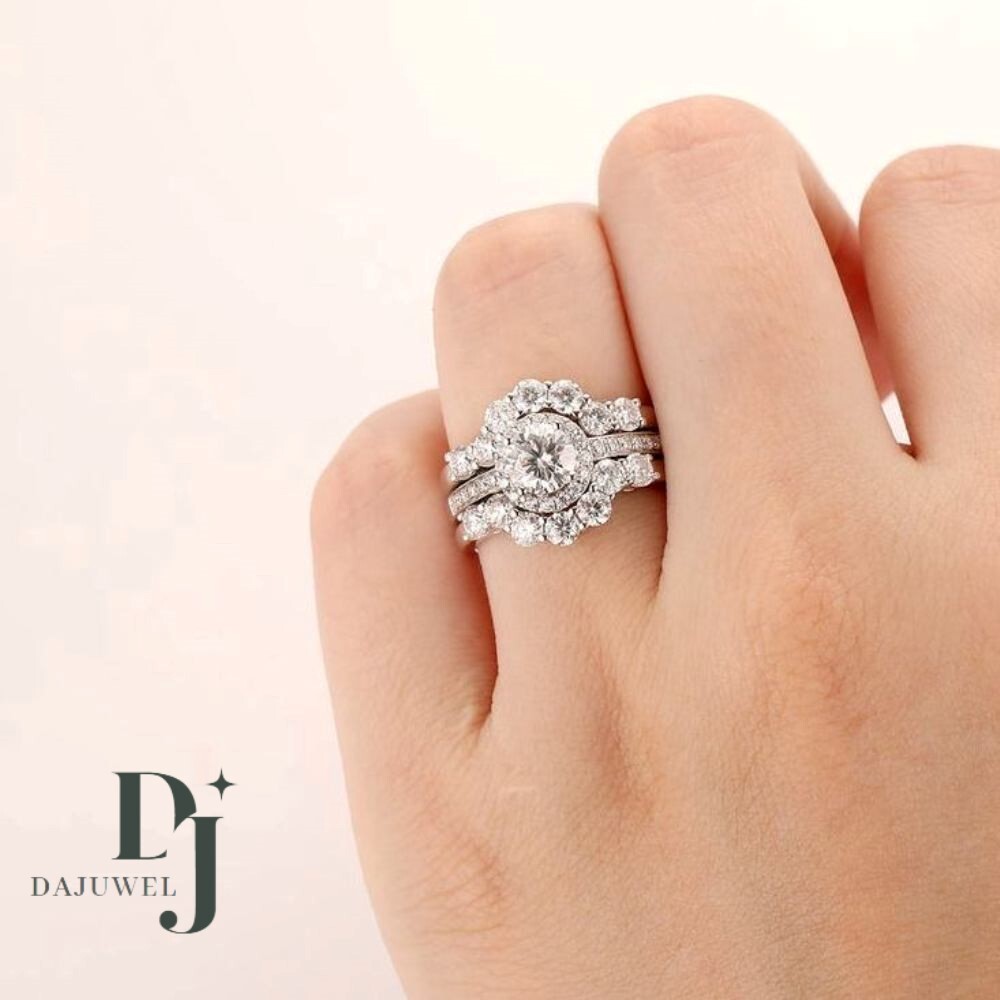3.50 Ct Round Cut White Moissanite Trio Set Engagement Ring Solid 14K White Gold