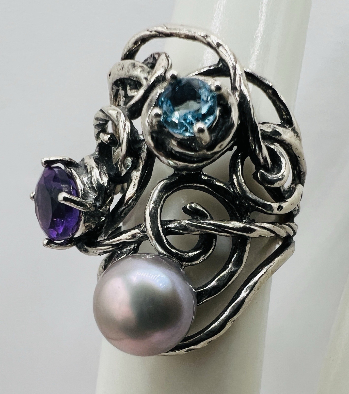 PZ Paz Creations Sterling Silver Pearl Amethyst Topaz Brutalist Split Shank Ring