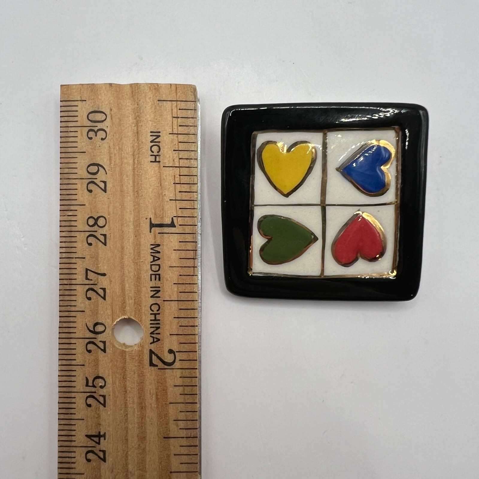 Vintage Clay Four Heart Brooch Square Ceramic Enamel Pin