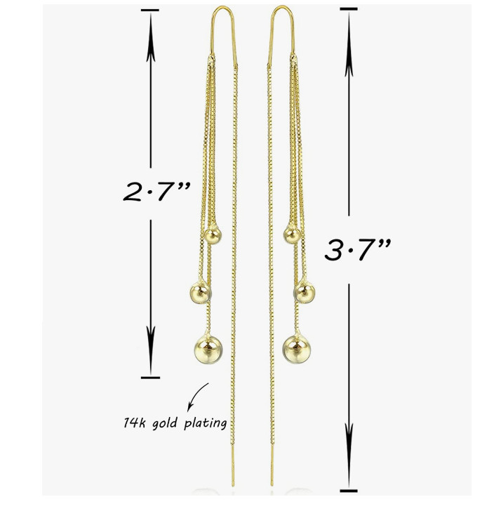 Women Threader Gold Balls Pull Though Earrings Stainless Steel Fashion Drop PE9