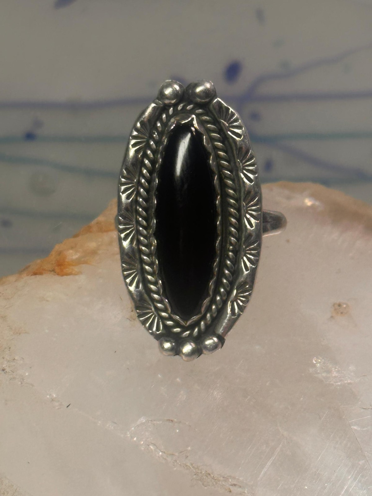 Navajo Ring Long Onyx size 6.5 sterling silver women girls signed LY