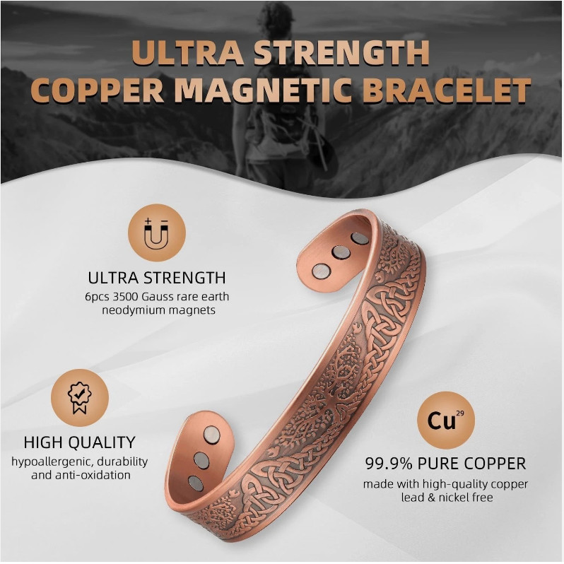 Men’s Bracelet Magnetic Therapy Arthritis Pain Relief Pure Solid Copper Bangle
