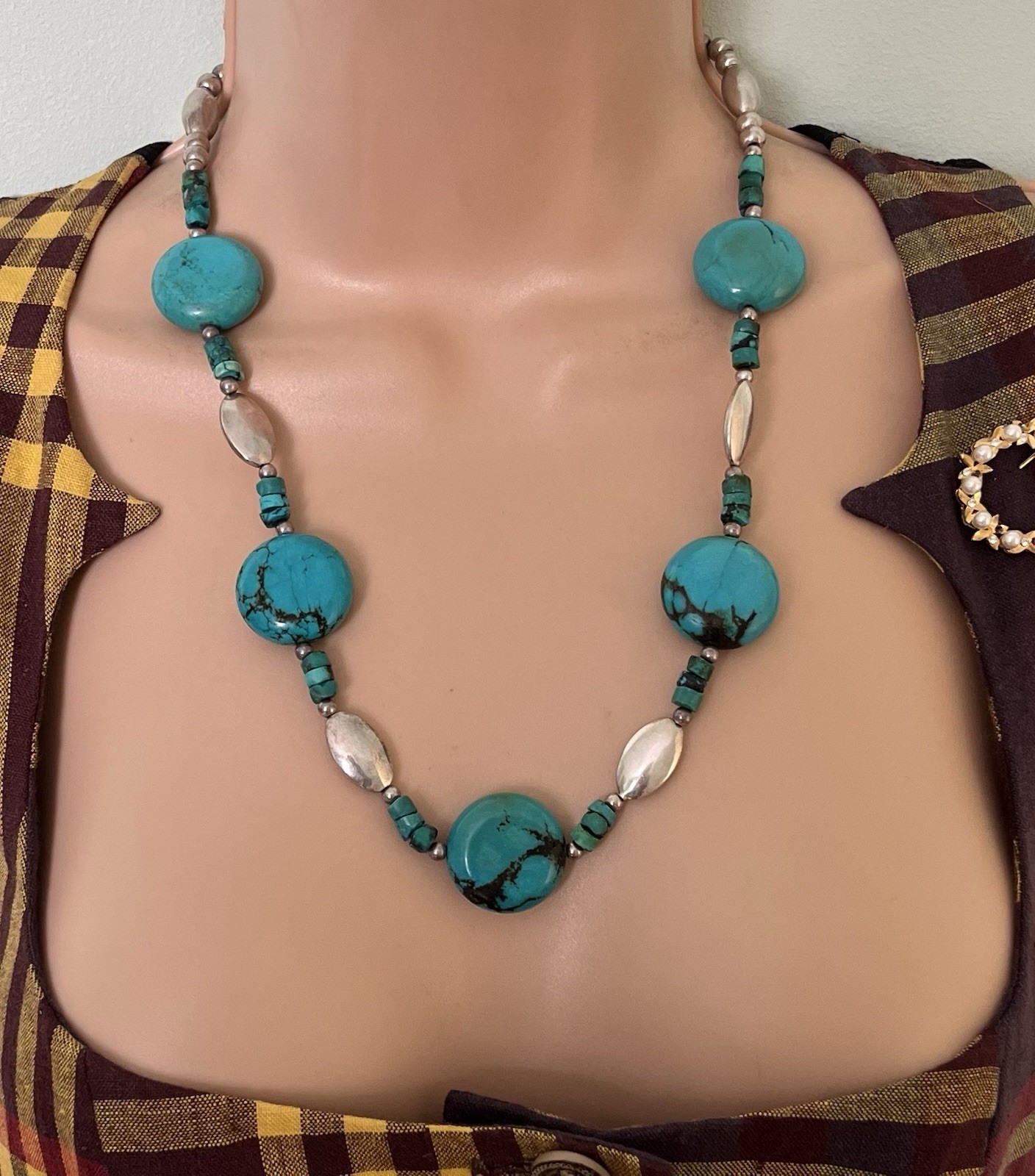 Sterling Silver Turquoise Necklace Gemstone Statement Boho Ethnic Artisan 925