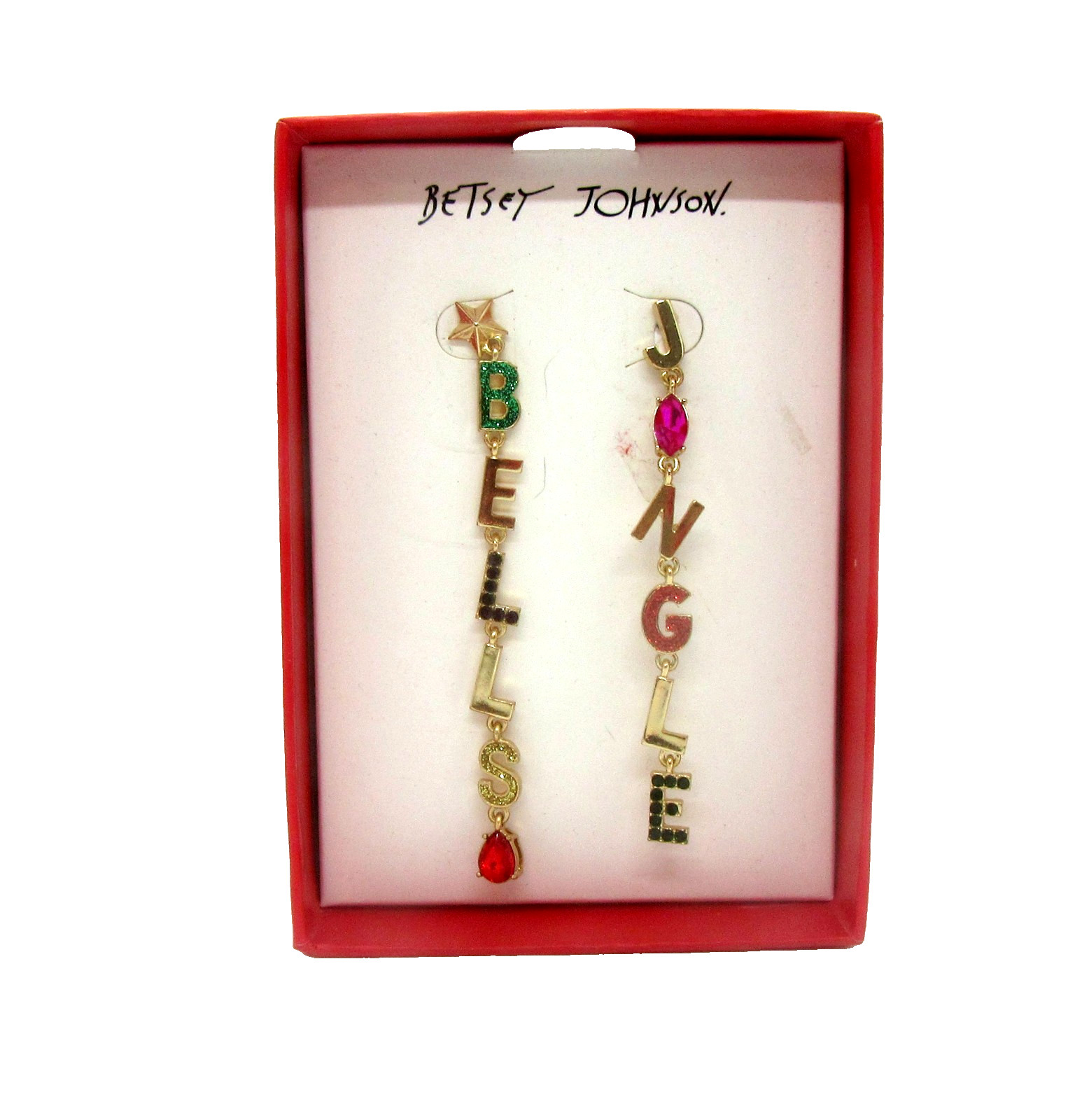 Betsey Johnson Jingle Bells Crystal and Gem Gold Tone Linear Dangle Earrings