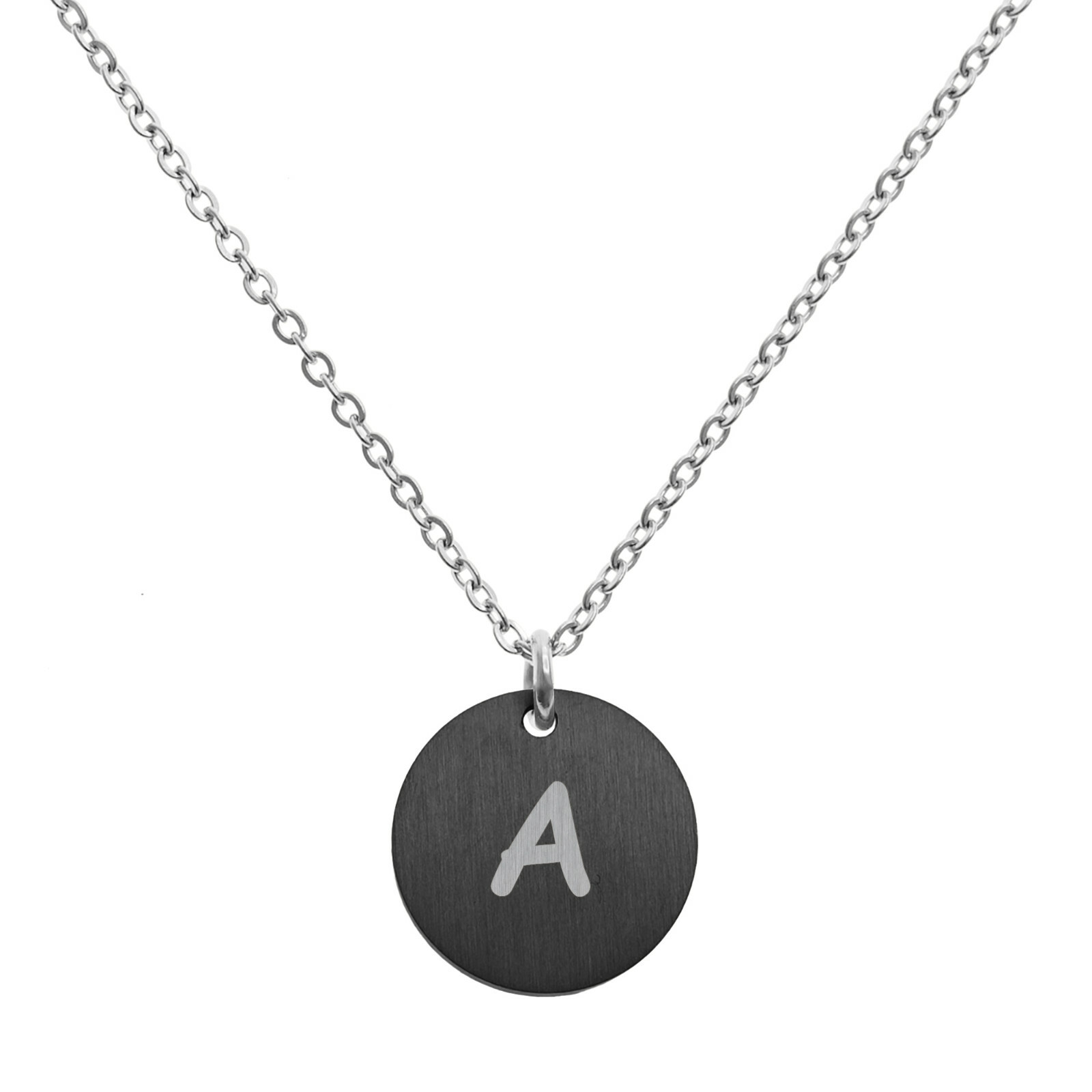 Engraved Black Metal Initial Letter Disc Pendant Chain Necklace 18.5 in + 2.5 in