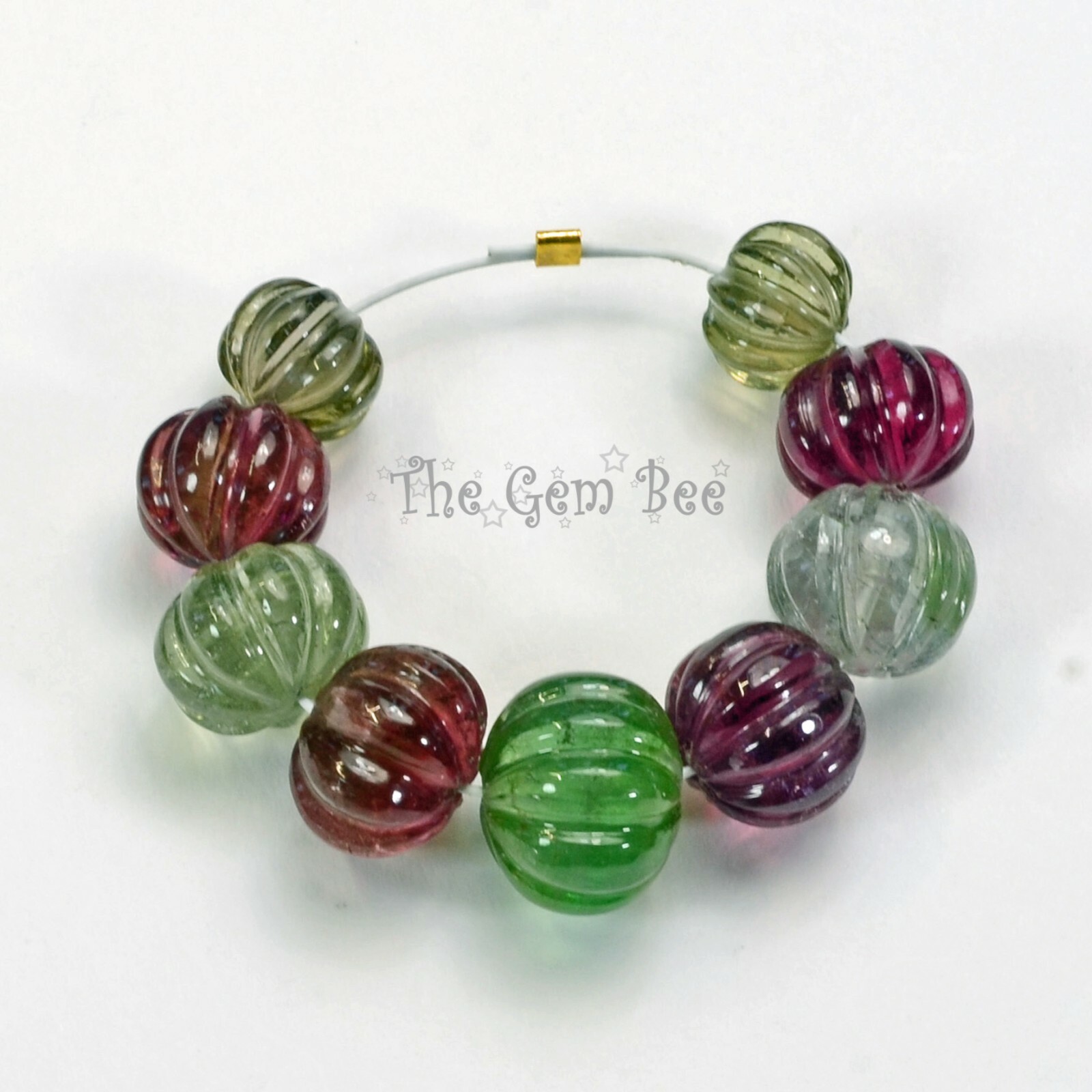 7.6mm-10.8mm Fine Candy Tourmaline Carved Melon Fluted Bead 2.6″ Strand (9)