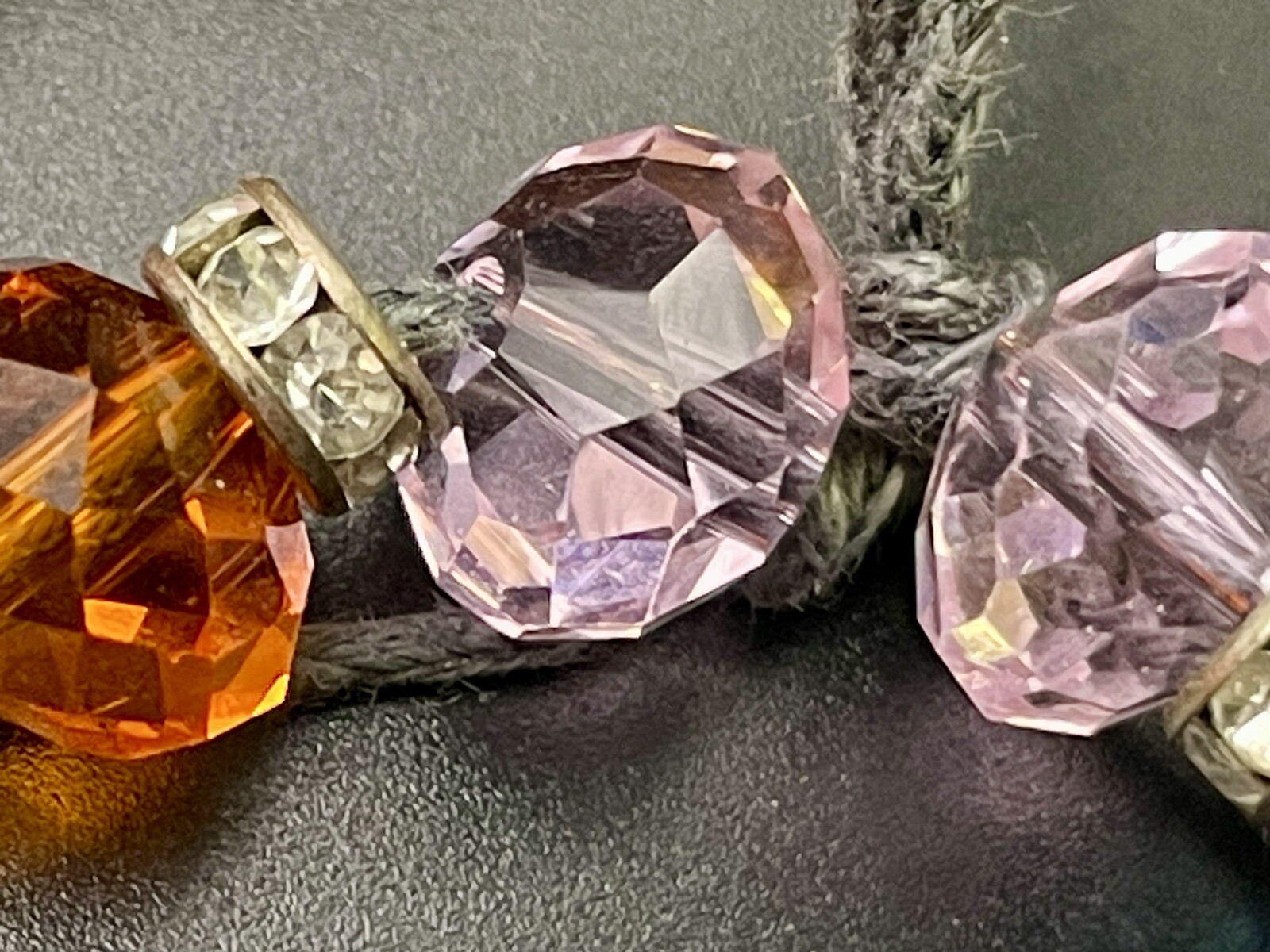 Quartz gemstone necklace, Long 38″. Cut Crystal Beads & Rhinstone Spacers.