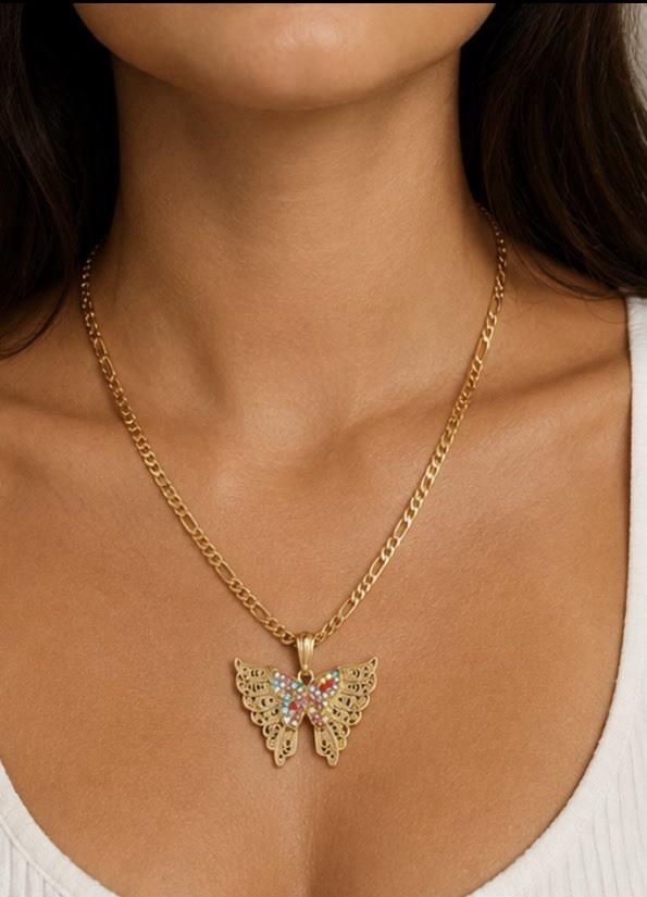 Gold-plated none tarnishCurb Chain Butterfly Multicolor Simulated Crystal Char