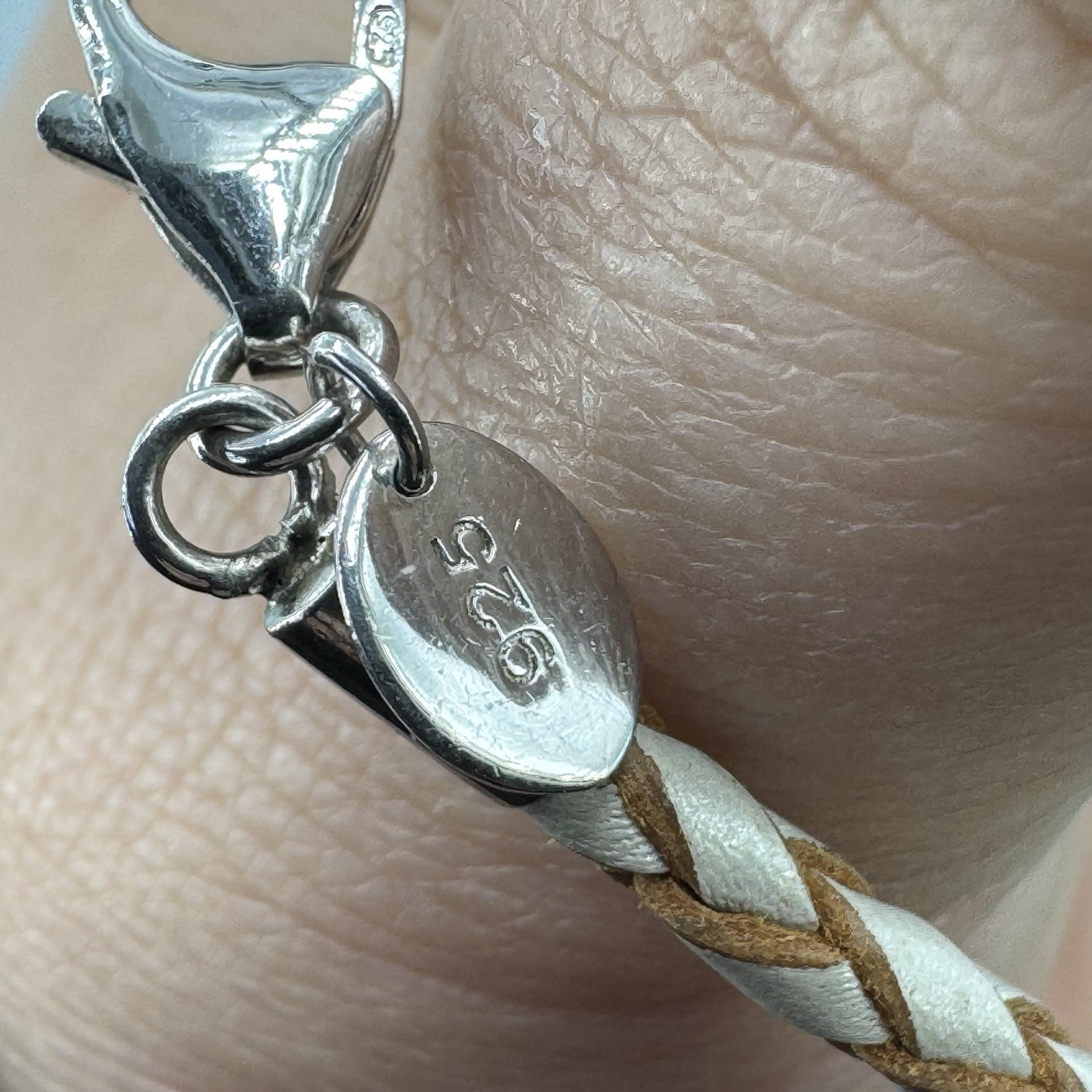 Chrysalis 925 sterling silver charm necklace leather braided tan 17.5”