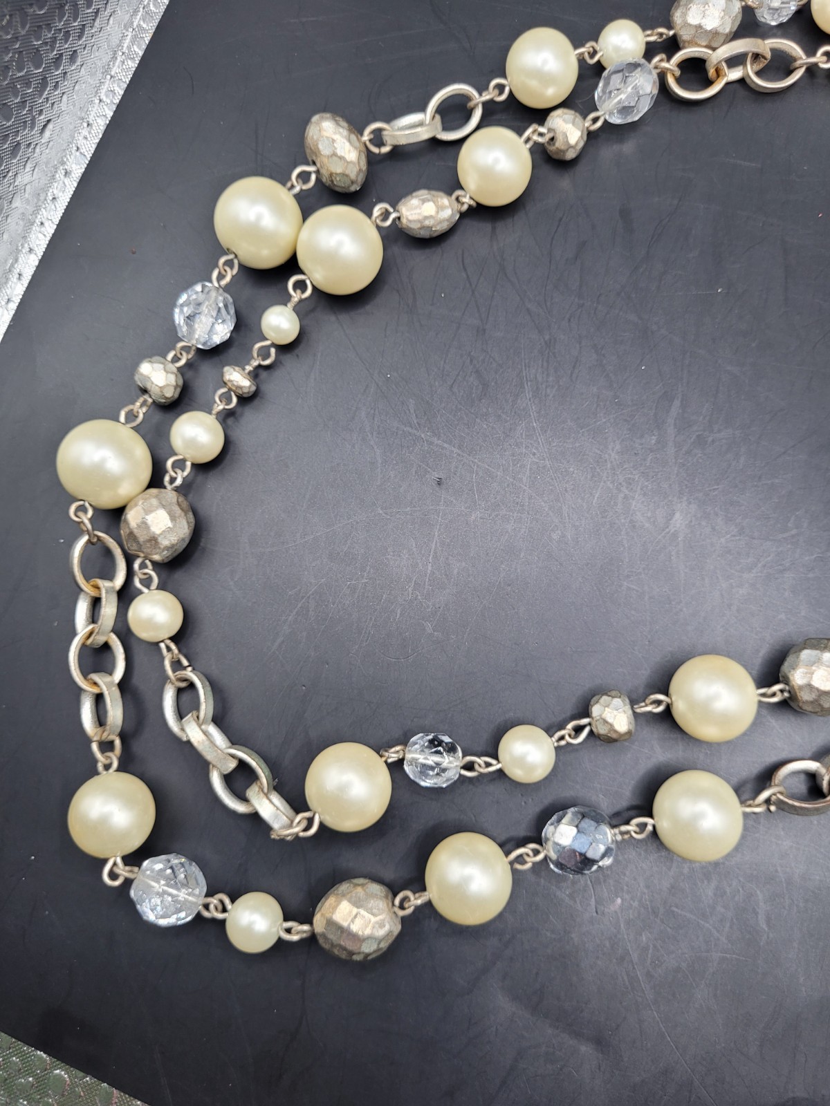 White House Black Market Layered Faux Pearl Bead Necklace Silver Tone