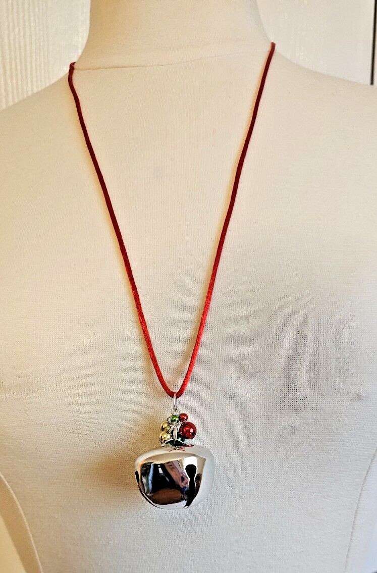 Holiday Large Silver Tone Jingle Bell Christmas Necklace With Ornament Balls New