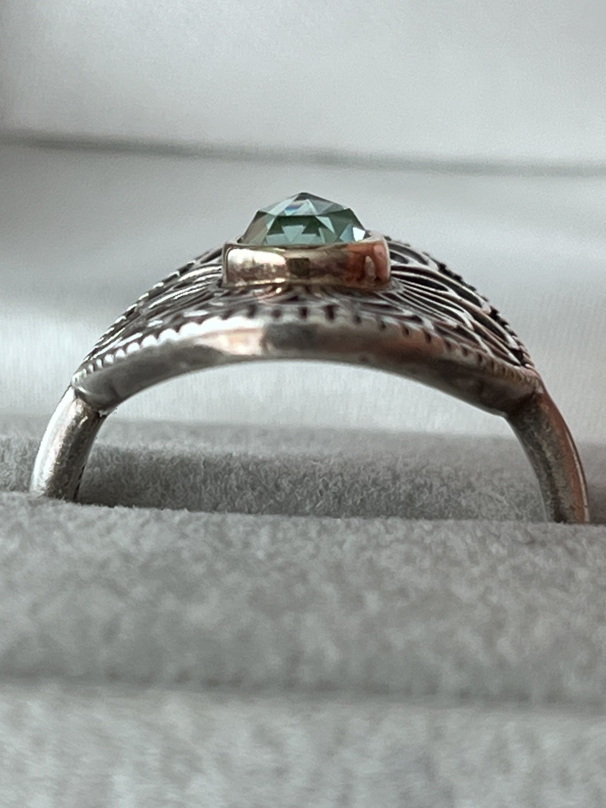 925 Sterling Silver Pandora Allure Green Quartz Filigree Cocktail Ring Size 7.5