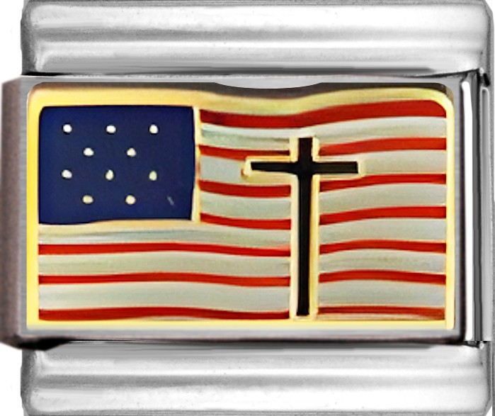 American Flag Cross Enamel 9mm Italian Charm Bracelet Link Patriotic Faith USA