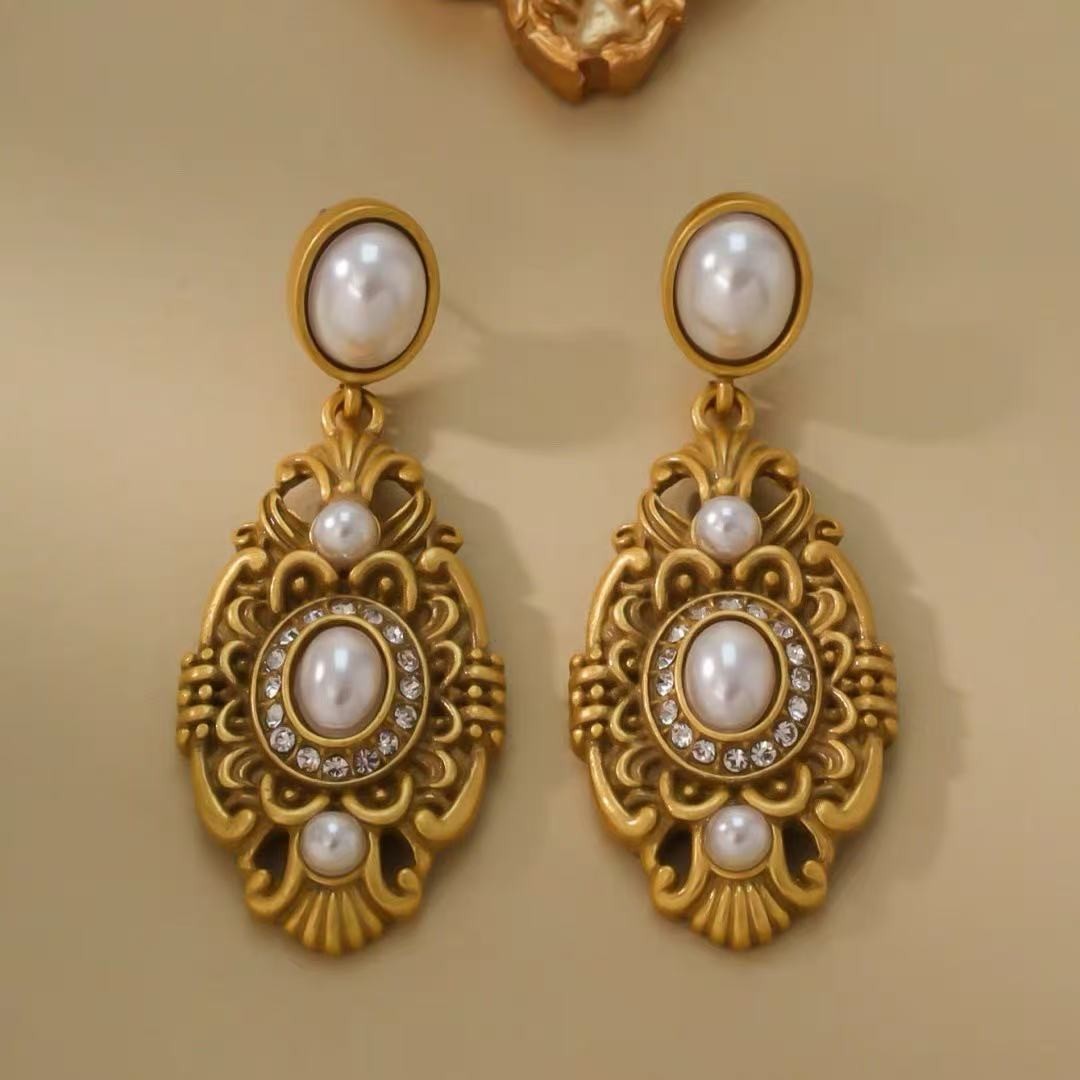 Vintage Pearl Drop Earrings Gold Tone Baroque Statement Dangle Bridal