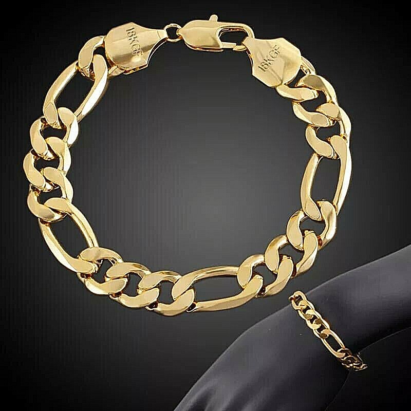 Bracelet Bangle 18k Yellow Gold Filled Solid Mens Heavy Bling Figaro Design 23cm