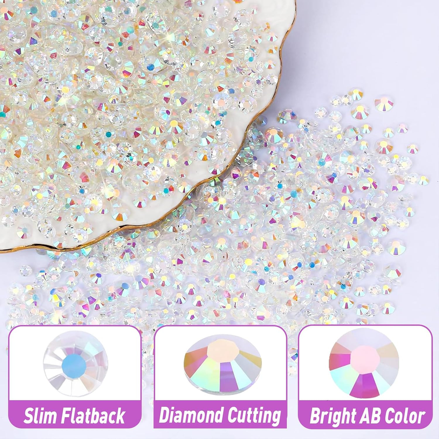 25000Pcs Clear AB Rhinestones Flatback Bulk, 3Mm/4Mm/5Mm Non-Hotfix Crystal roun