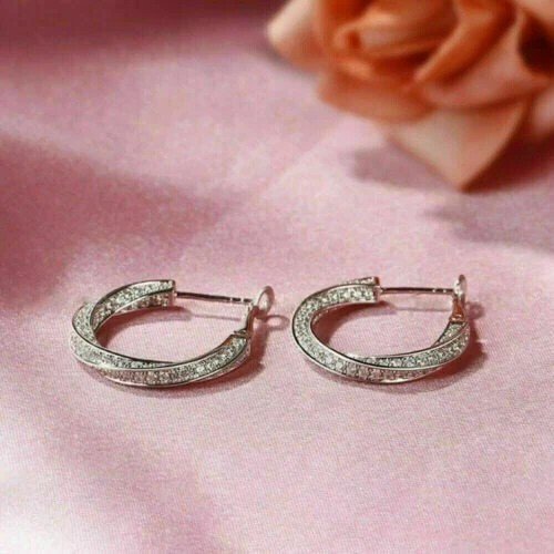 14K White Gold Plated Round Simulated Diamond Unique Fancy Hoop Clip On Earrings