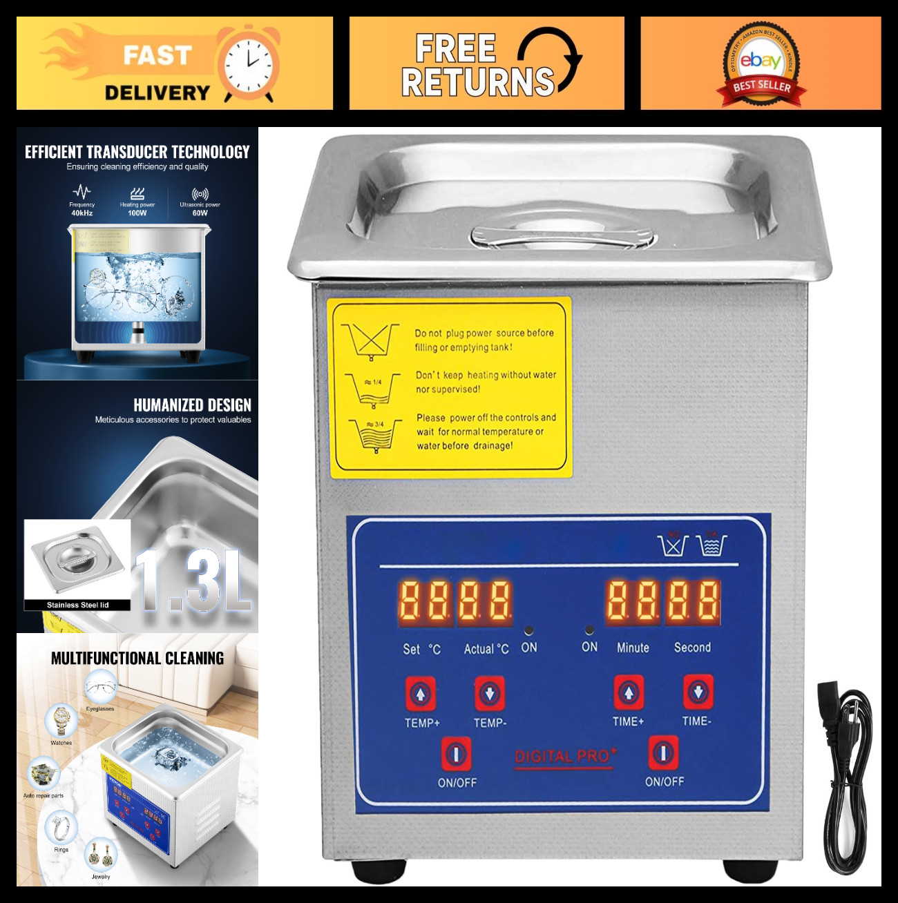 1.3L Professional Ultrasonic Cleaner with Digital Timer – 40kHz Jewelry, Watch,