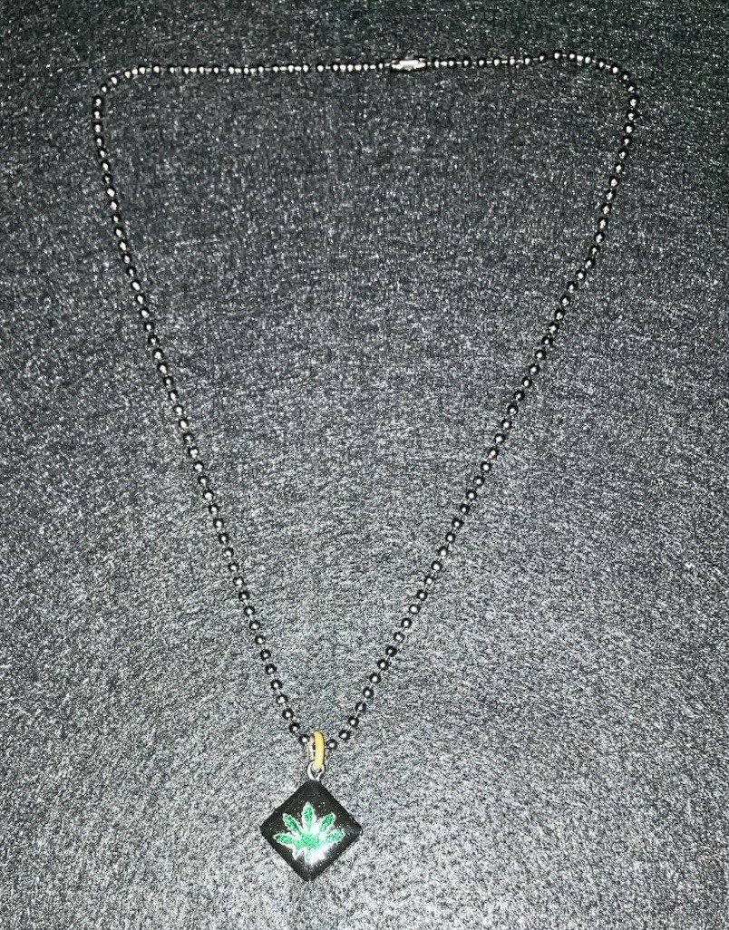 Small Black Block With Marijuana Leaf Charm, 18 Inch Chain, MiaChavi Geekery