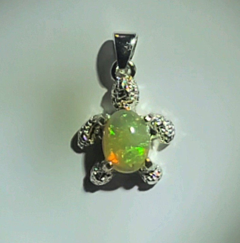 Ethiopian Fire Opal Turtle Pendant 9X7/ 925 Sterling Silver (SEE DETAILS)