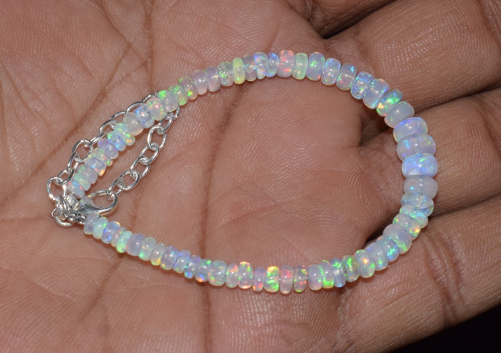 925 Sterling Silver Natural Ethiopian Opal Gemstone Beads 7″Bracelet ##F1730