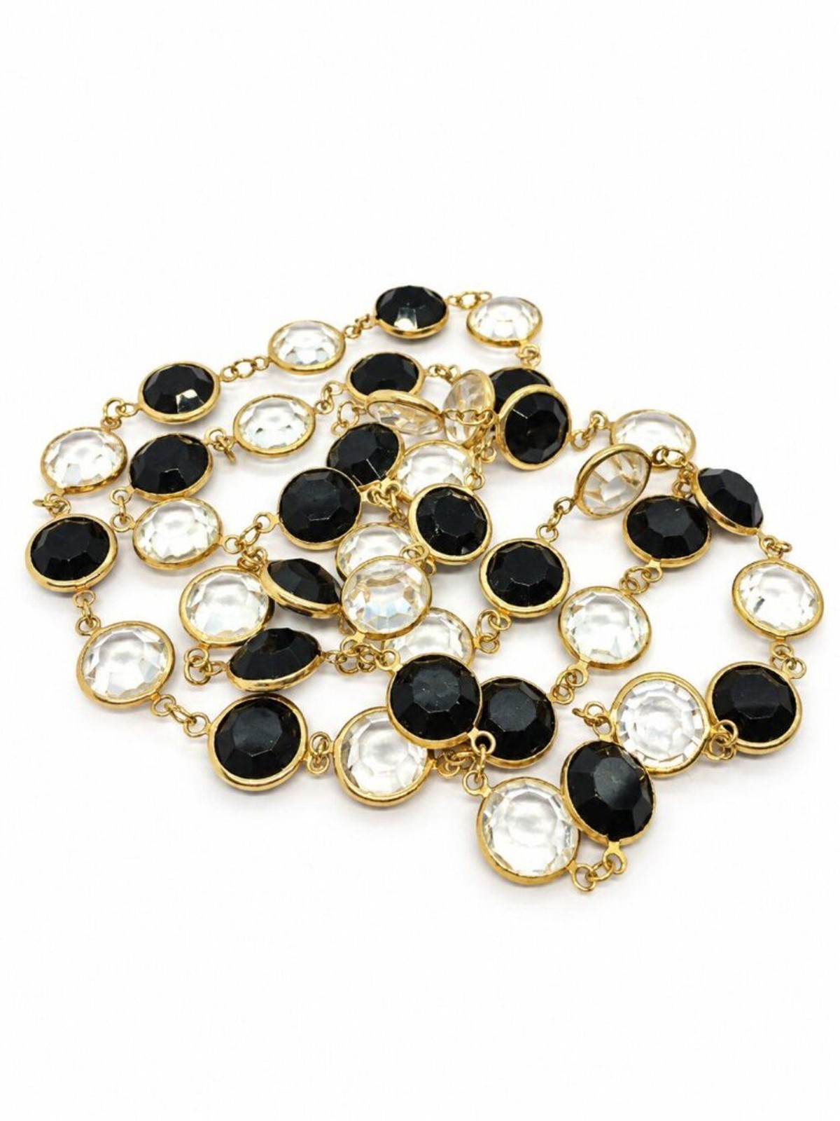 VINTAGE CRYSTAL NECKLACE Open Bezel Black Clear Glass Gold Tone 28″ Long