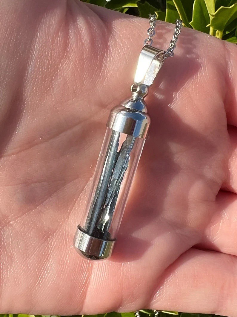 RARE Brazilian Vivianite Pendant Gemmy Blue Green Blade Vial Locket Necklace