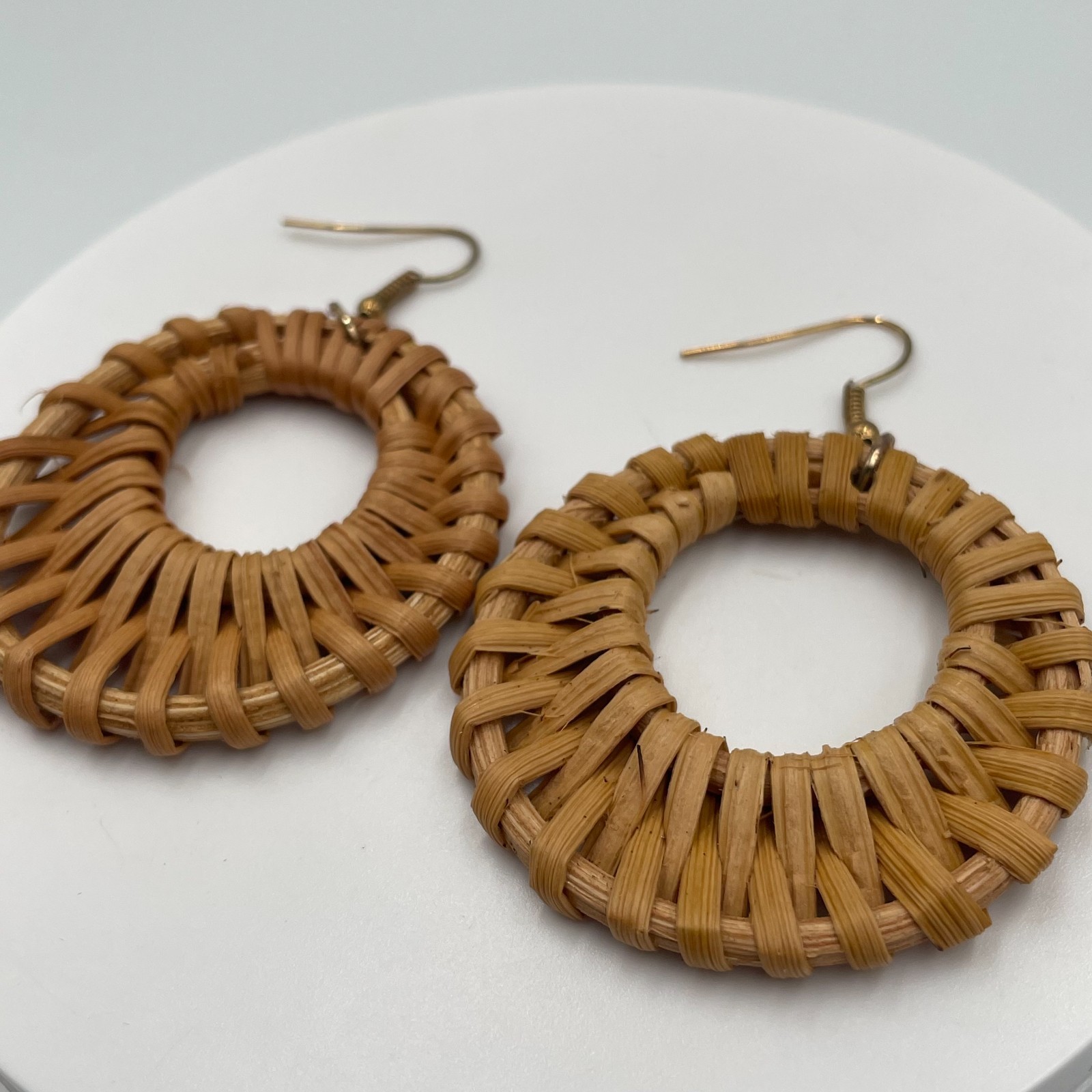 Vintage Boho Woven Rattan Straw Bamboo Open Hoop Large Statement Drop Earrings