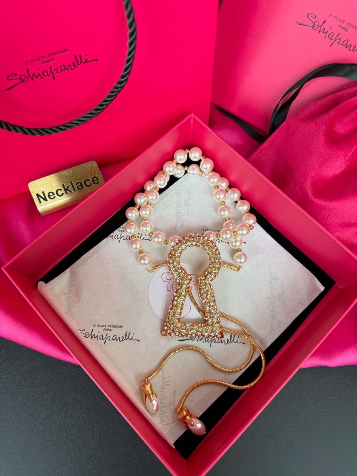 Pearl Keyhole Necklace. With Box and Dust Bag.