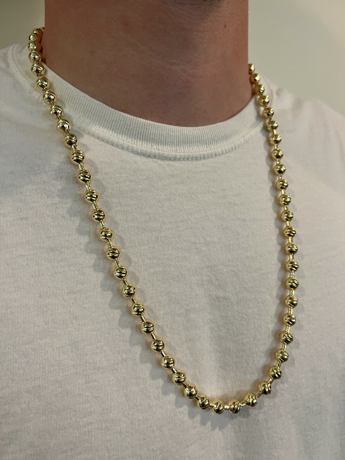 14k Gold Plated 925 Silver 8mm Ball Bead Chain Moon Cut Dog Tag Mens Necklace