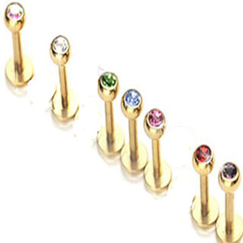 1 – 16 gauge 5/16″ Barbell 3mm CZ Gold Plated Labret Lip Ring Chin Monroe L12