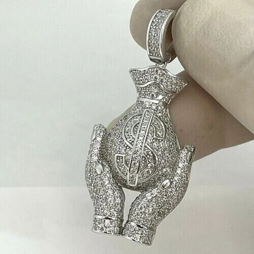 2.30Ct Lab Created Diamond Round Money Bag Hand Pendant 14K White Gold Finish