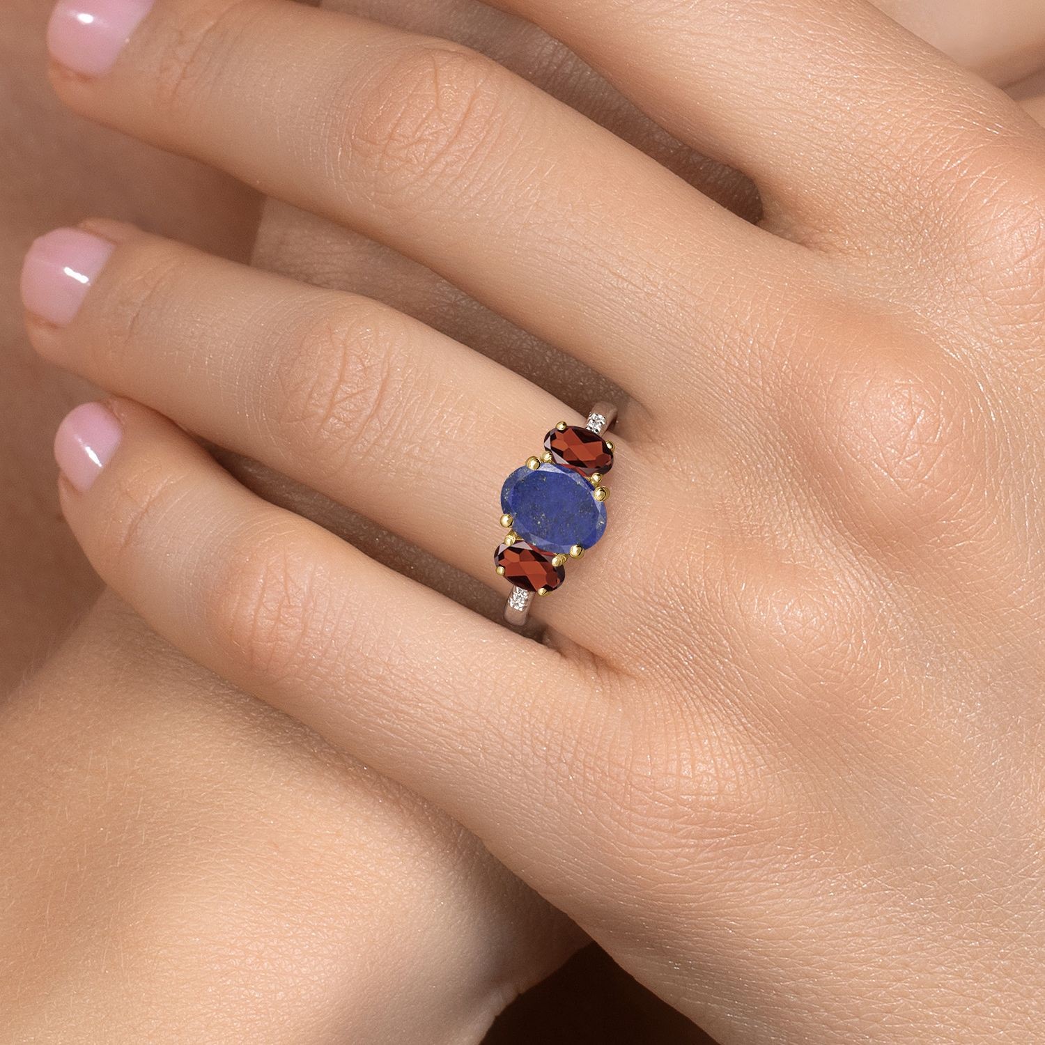 925 Silver and 10K Yellow Gold Blue Lapis and Garnet and Lab Grown Diamond
