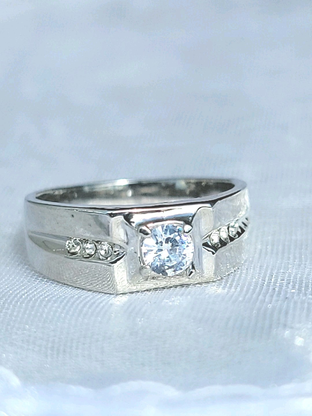 Mens Solitaire Ring White Gold EP 1 CT Simulated Diamonds (pinky)