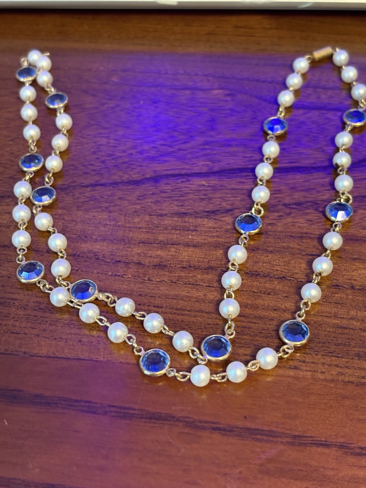 Vintage 1928 Brand Double Chain Necklace Crystal & Faux Pearl Barrel Clasp