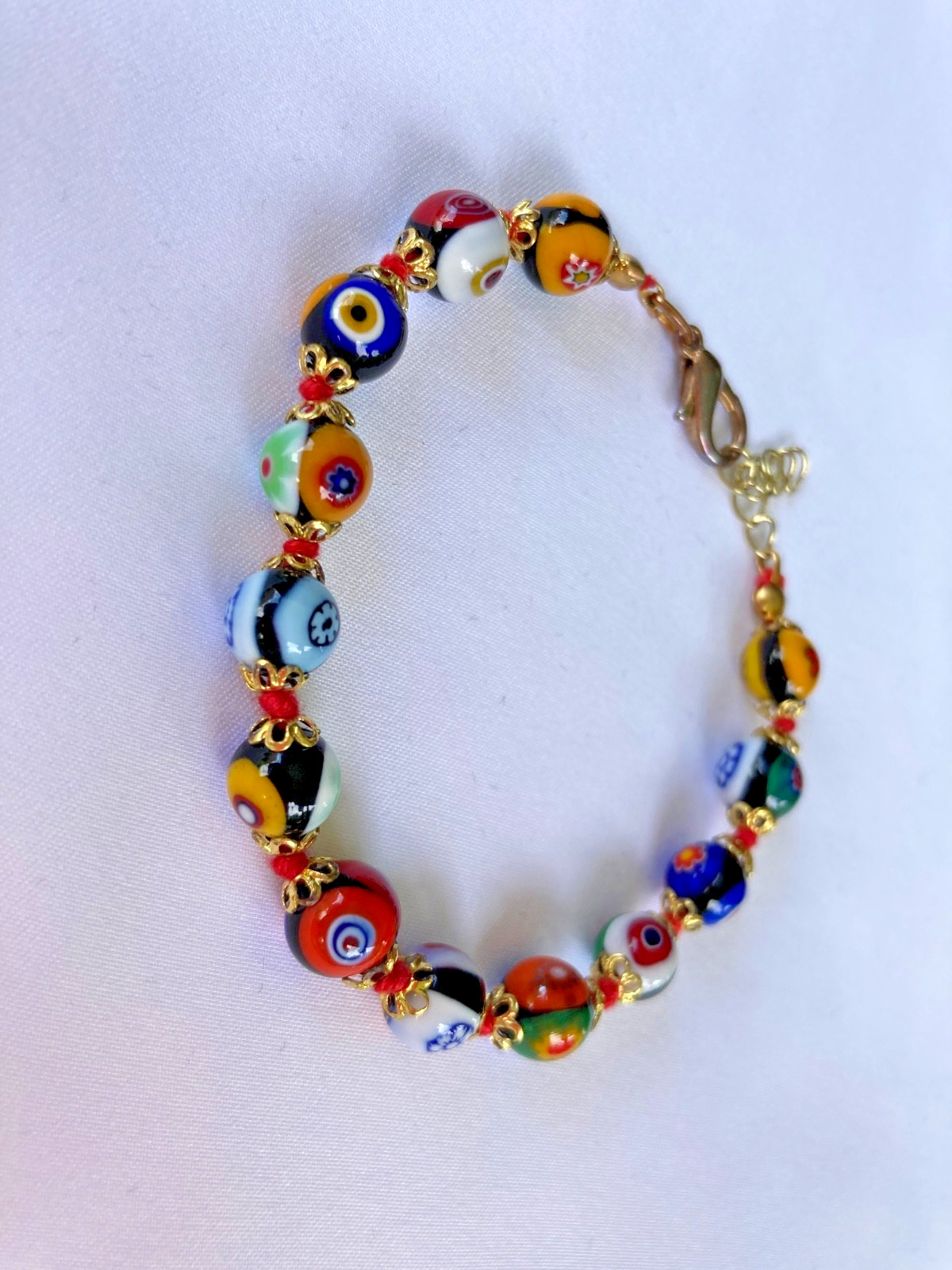 Vintage Murano Style Millefiori Glass Bead Bracelet Italy 7.5″ Hand Knotted