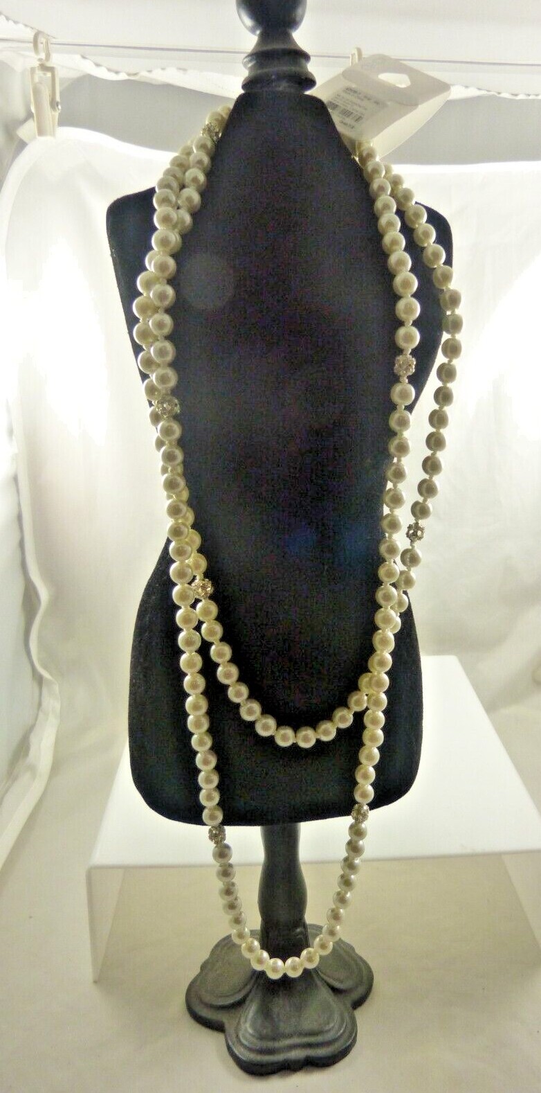 necklace Faux pearls long white crystal beads in areas silvertone. bride elegant