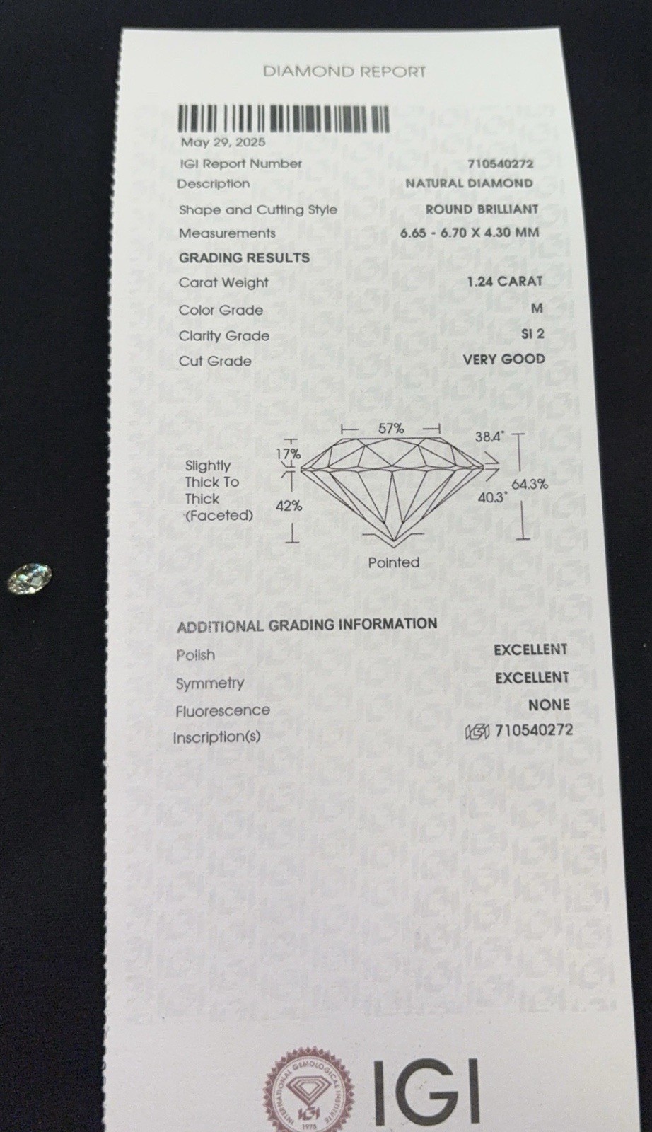 1.24ct Natural Round Brilliant Diamond IGI Certified M SI2 Very Good Cut Loose