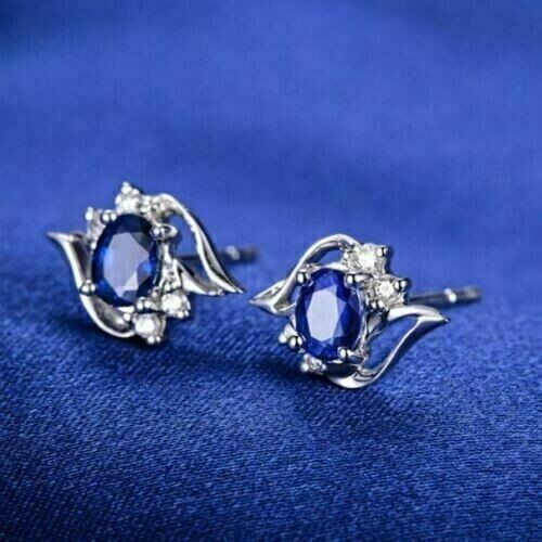 3.50Ct Oval Lab Created Blue Sapphire Women’s Stud Earring 14K White Gold Plated