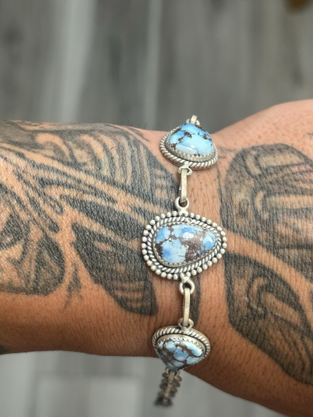 STERLING SILVER GOLDEN HILLS TURQUOISE SW 3 STONE HAND MADE LINK BRACELET .925