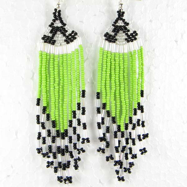NATIVE STYLE HANDMADE BEADED GREEN BLACK DROP DANGLE HOOK EARRINGS